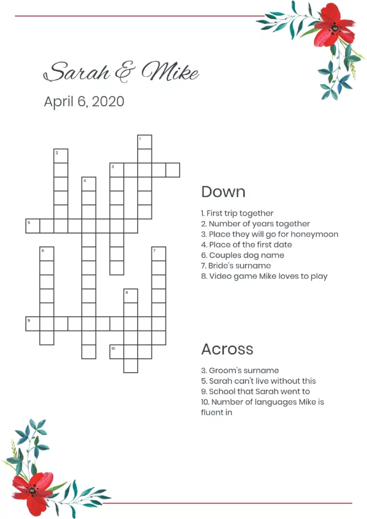 Wedding crossword puzzle